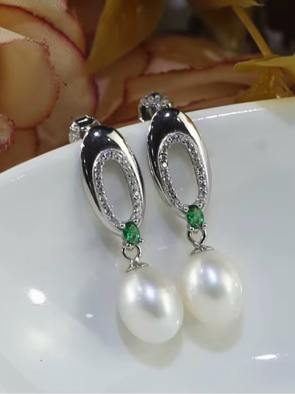 S925 Simulated Diamonds Fresh Water Pearl Dangling Earrings